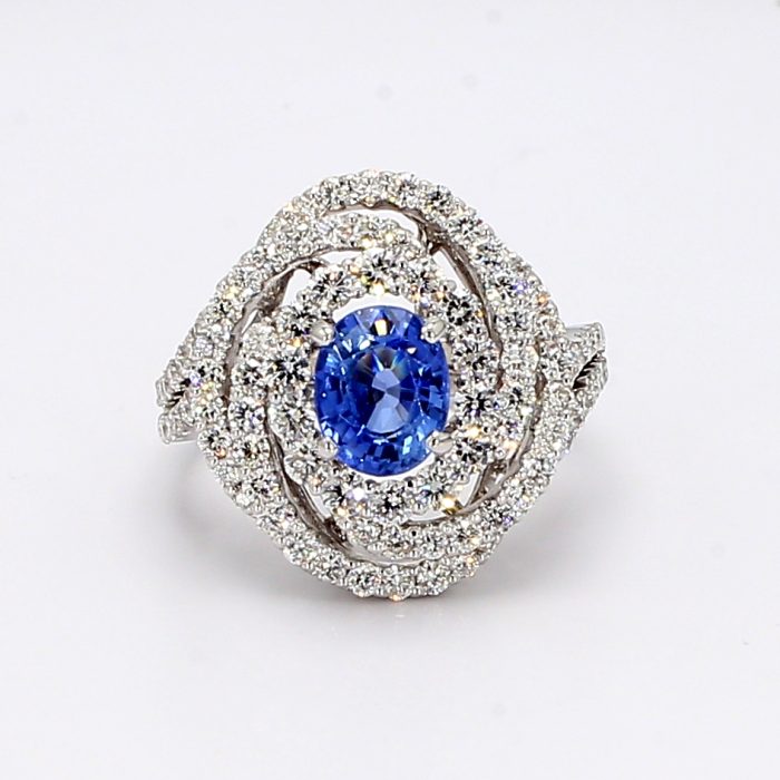18K White Gold Oval Sapphire and Diamond Spiral Ring, 1.55 ct tw