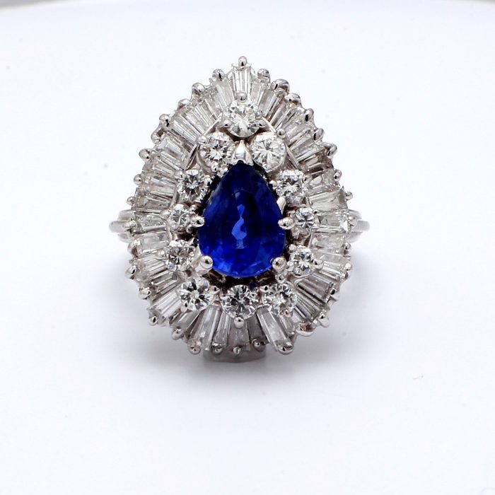 18K White Gold Pear Sapphire and Diamond Ring