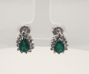 18K White Gold Pear-Shaped Emerald and Diamond Halo Earrings, 0.59 ct tw