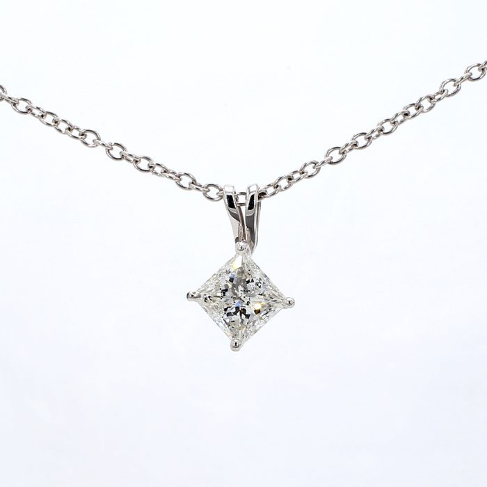 18K White Gold Princess Diamond Solitaire Pendant, 1.07 ct
