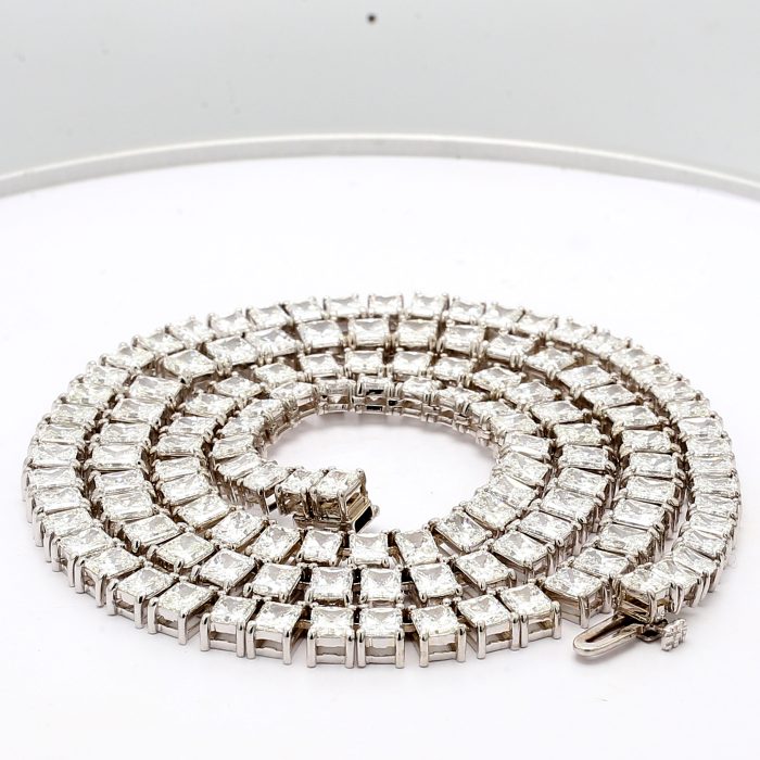 18K White Gold Radiant-Cut Diamond Tennis Necklace, 32.18 ct tw