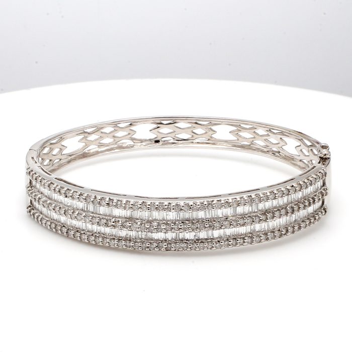 18K White Gold Round and Baguette Diamond Bangle, 5.00 ct tw