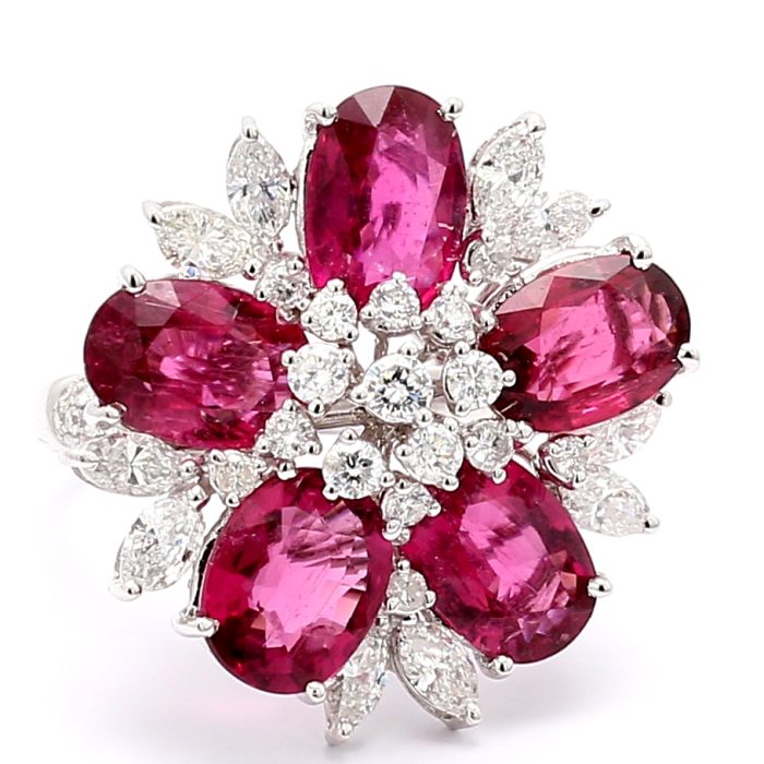 18K White Gold Rubellite and Diamond Flower Ring