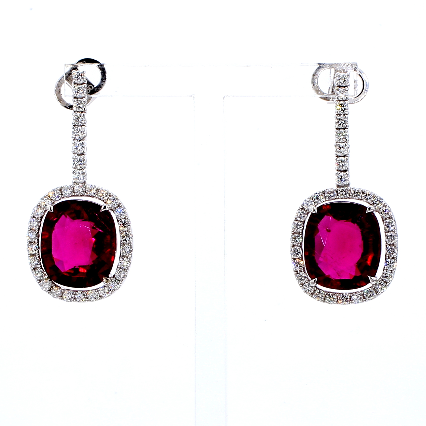 18K White Gold Rubellite Tourmaline and Diamond Halo Drop Earrings