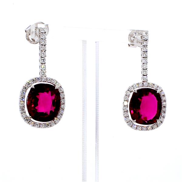18K White Gold Rubellite Tourmaline and Diamond Halo Drop Earrings