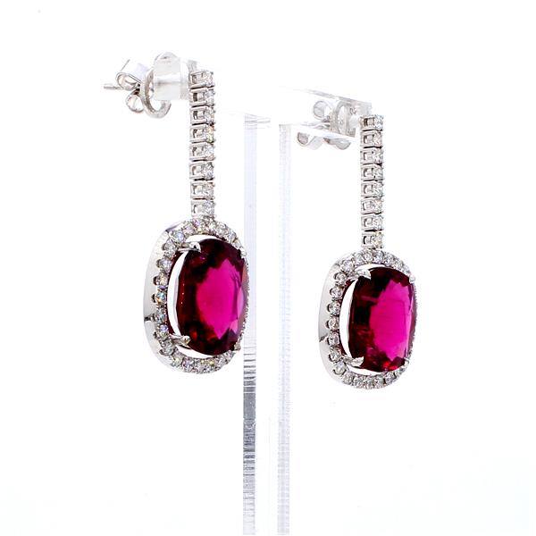 18K White Gold Rubellite Tourmaline and Diamond Halo Drop Earrings