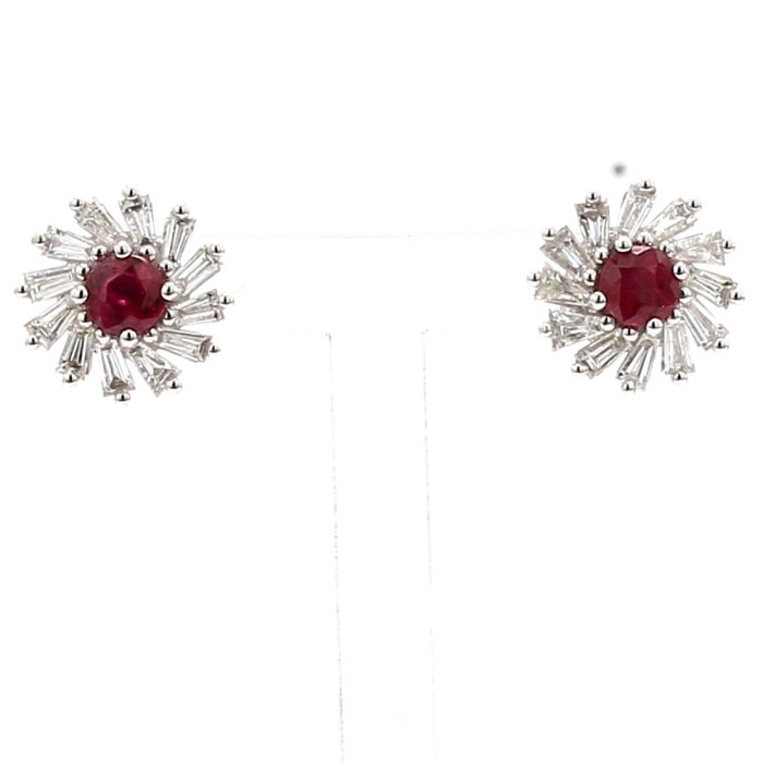 18K White Gold Ruby and Baguette Diamond Earrings