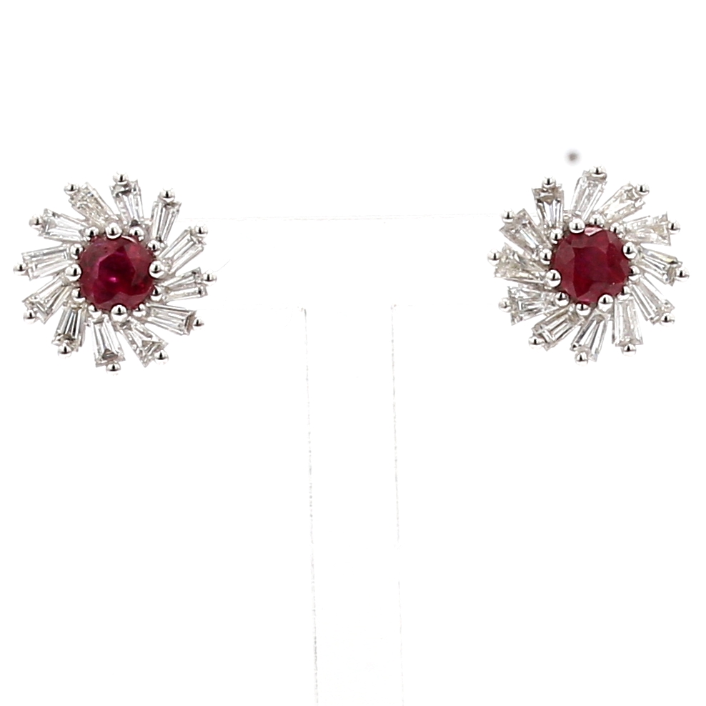 18K White Gold Ruby and Baguette Diamond Earrings