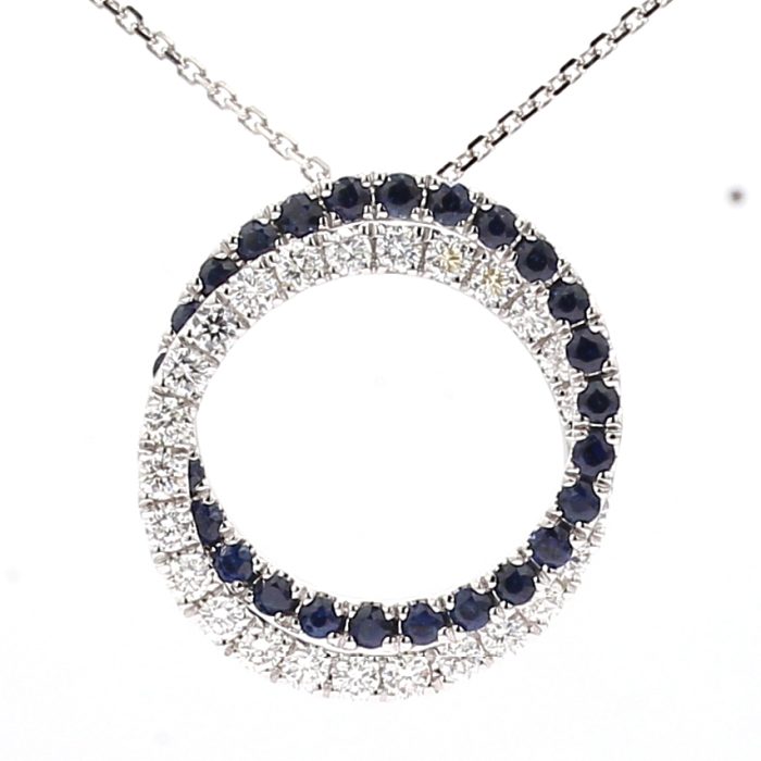 18K White Gold Sapphire and Diamond Double Circle Pendant, 0.81 ct tw