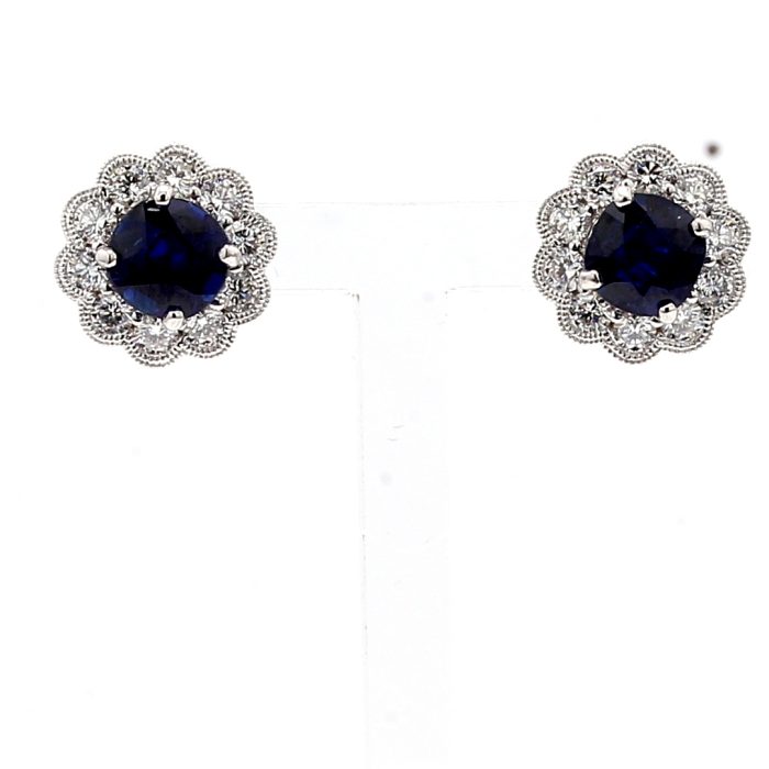 18K White Gold Sapphire and Diamond Halo Earrings