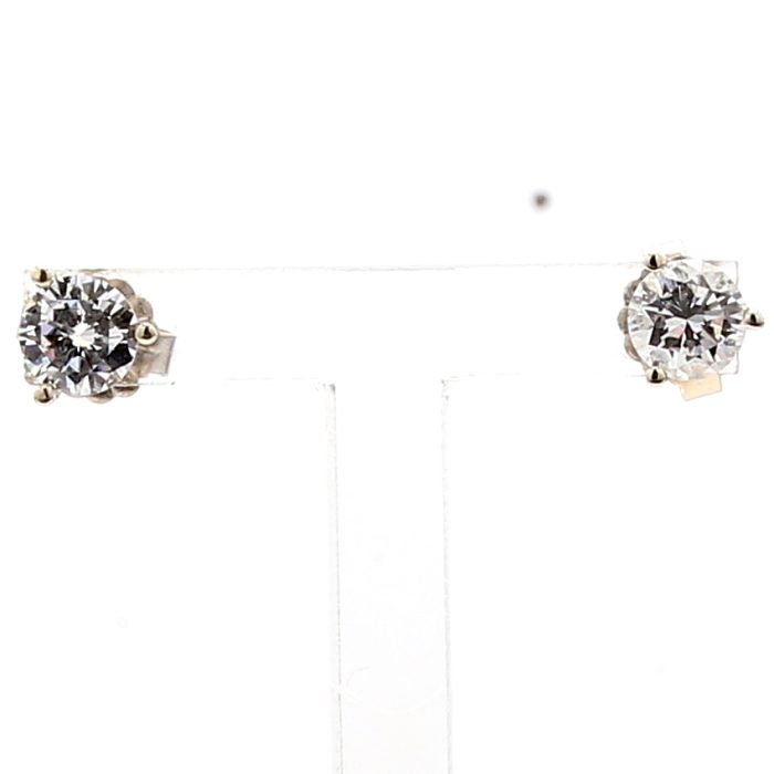18K White Gold Three-Prong Round Diamond Stud Earrings, 0.89 ct tw