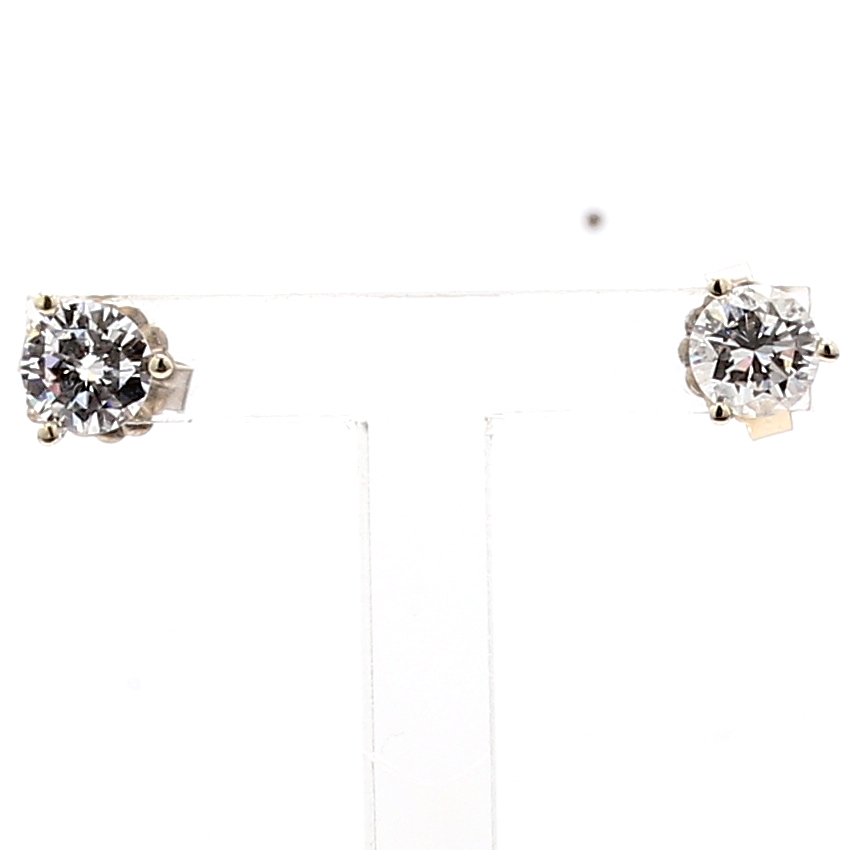 18K White Gold Three-Prong Round Diamond Stud Earrings, 0.89 ct tw