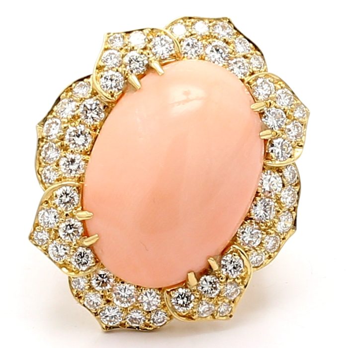 18K Yellow Gold Angel Skin Coral and Diamond Ring
