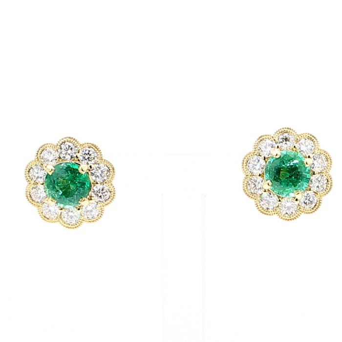 18K Yellow Gold Emerald and Diamond Earrings, 0.86 ct tw