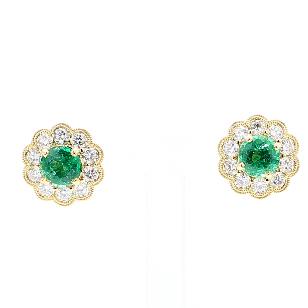 18K Yellow Gold Emerald and Diamond Earrings, 0.86 ct tw