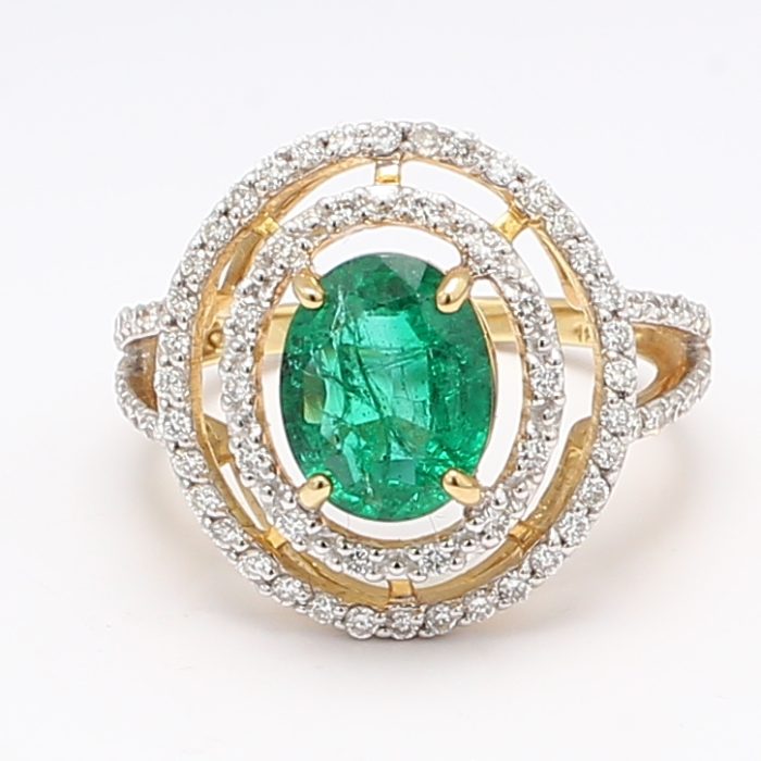 18K Yellow Gold Emerald and Diamond Halo Ring, 0.47 ct tw