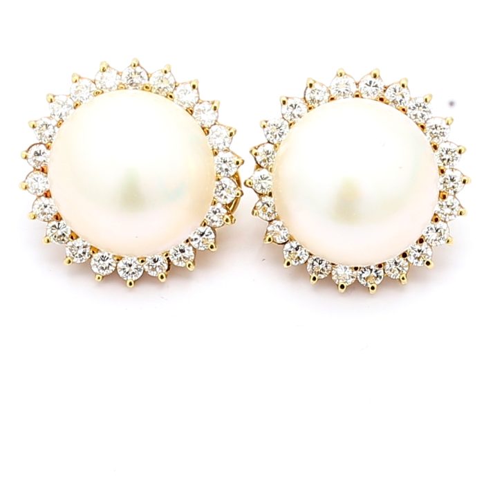 18K Yellow Gold Mabe Pearl and Diamond Earrings, 1.35 ct tw