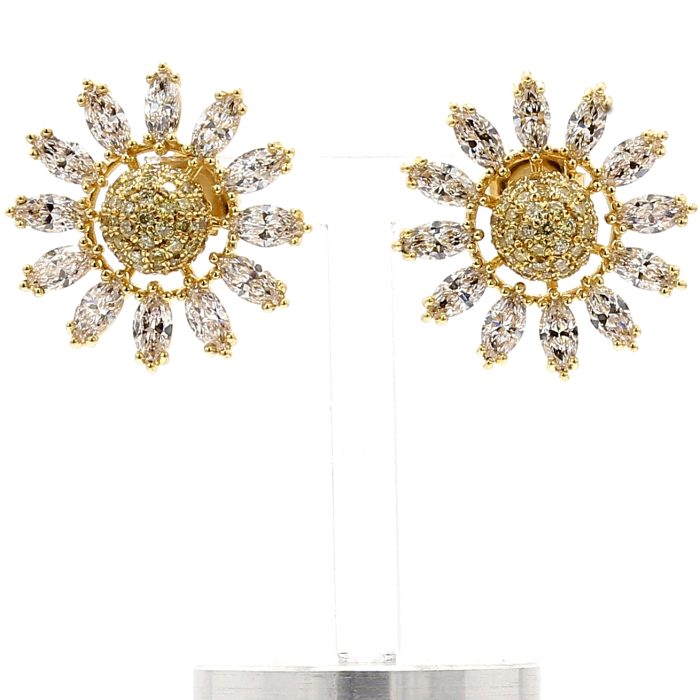 18K Yellow Gold Marquise and Fancy Yellow Diamond Flower Earrings, 4.78 ct tw