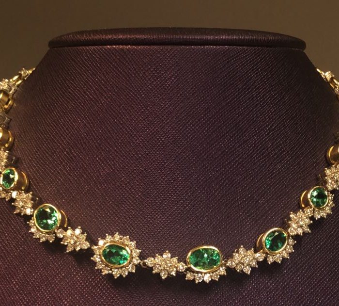 18K Yellow Gold Oval Emerald and Diamond Necklace, 8.00 ct tw