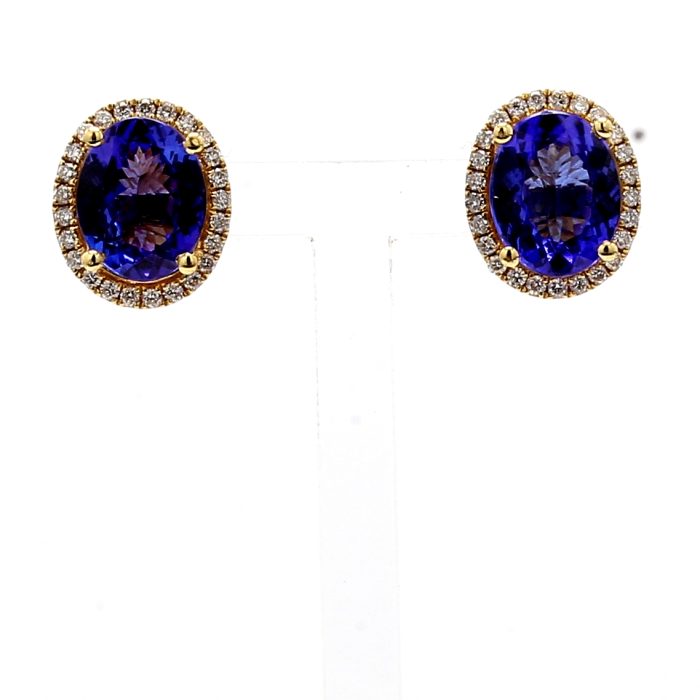 18K Yellow Gold Oval Tanzanite and Diamond Earrings, 0.50 ct tw