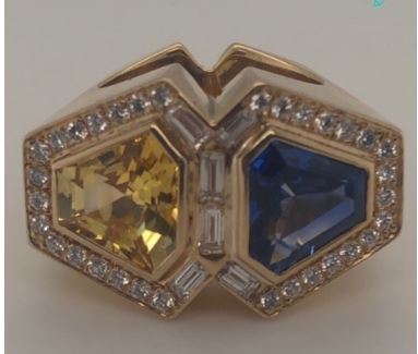 18K Yellow Gold Yellow Sapphire, Blue Sapphire and Diamond Ring, 1.00 ct tw