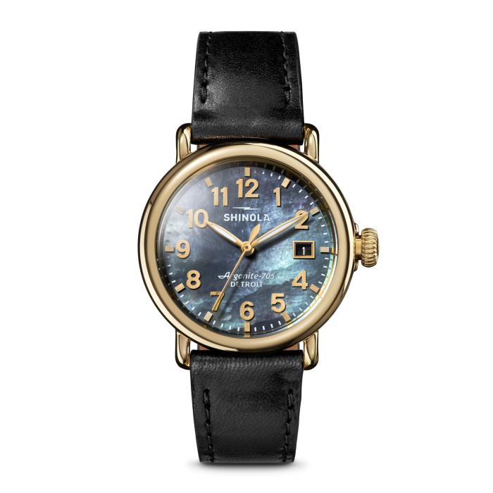 Shinola Runwell 36mm Gold-Tone Gray Mother-of-Pearl Dial Black Leather Strap