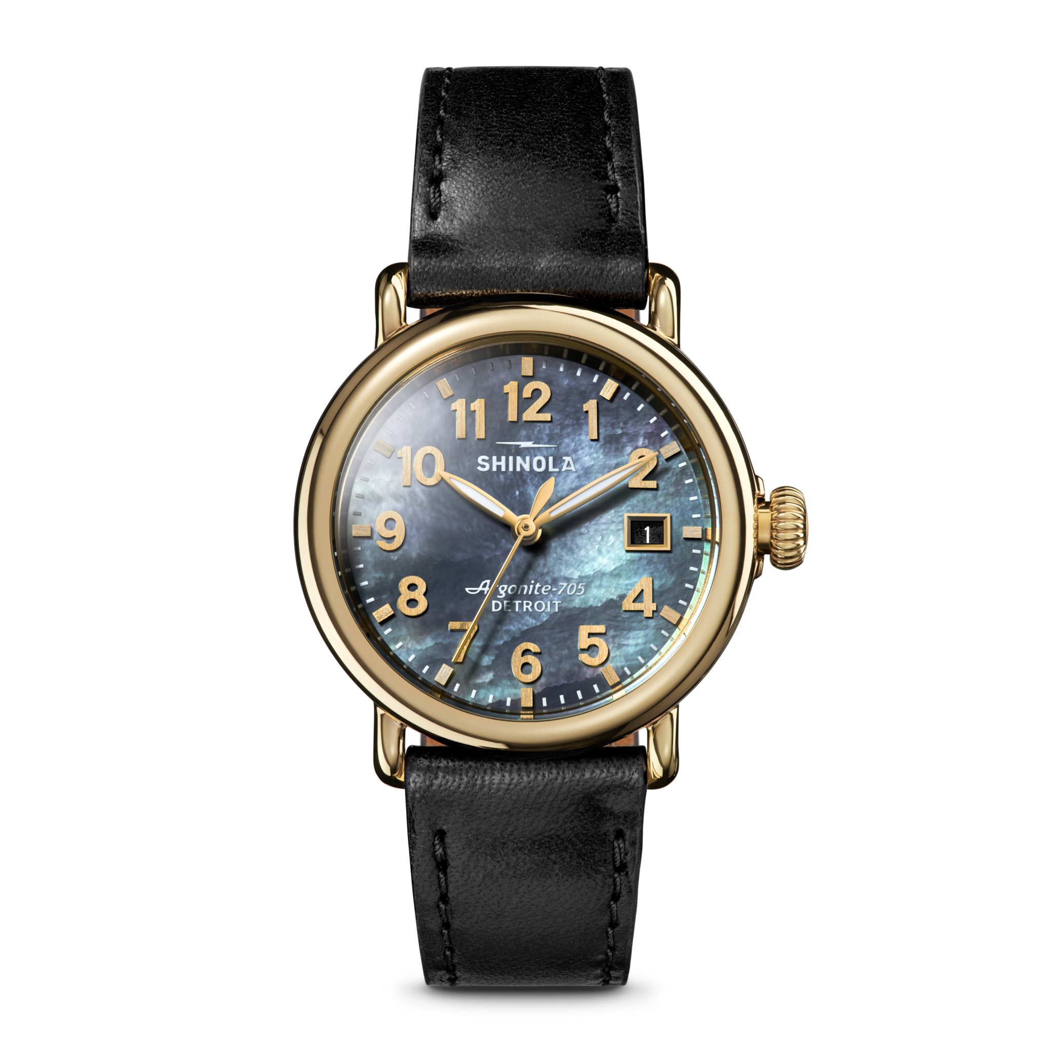 Shinola Runwell 36mm Gold-Tone Gray Mother-of-Pearl Dial Black Leather Strap