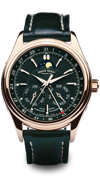 Armand Nicolet M02 Complete Calendar 18k Rose Gold Black Dial