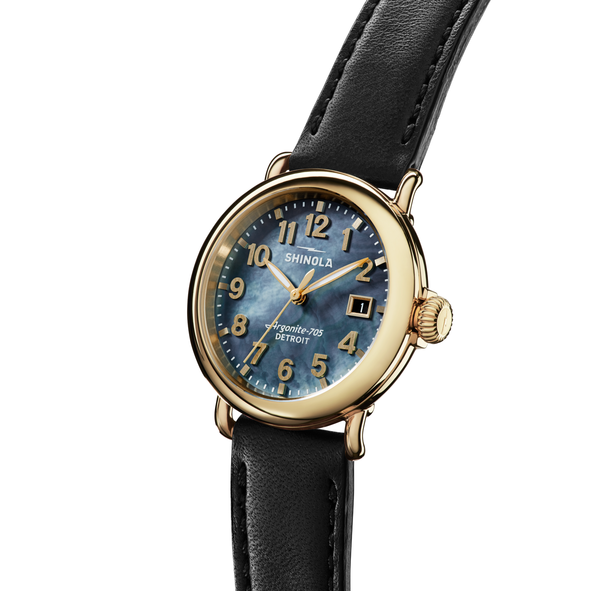 Shinola Runwell 36mm Gold-Tone Gray Mother-of-Pearl Dial Black Leather Strap
