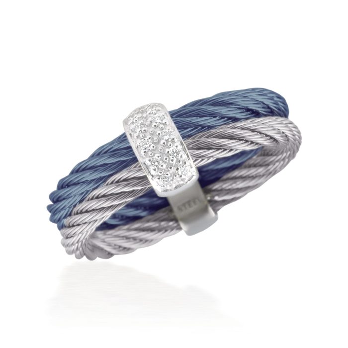 ALOR Stainless Steel and 18k White Gold Island Blue Cable Ring