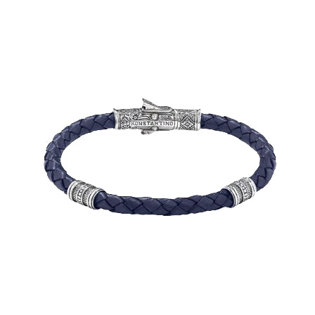 Konstantino Perseus Sterling Silver and Blue Leather Double Vessel Bracelet