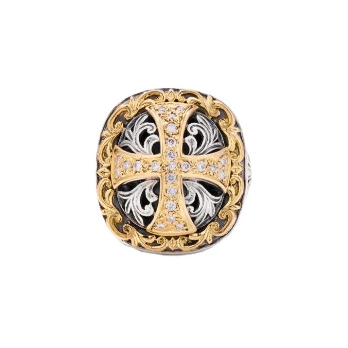 Konstantino Sterling Silver and 18k Yellow Gold Diamond Cross Ring