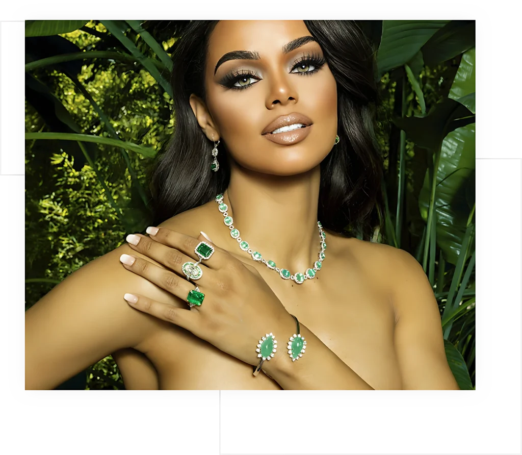 Emerald and diamond necklace, rings and bangle