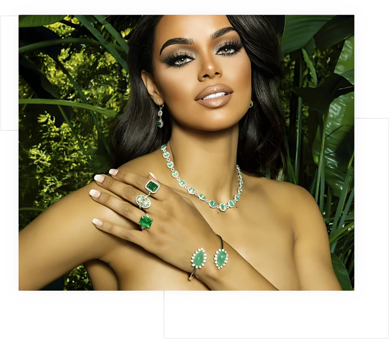 Emerald and diamond necklace, rings and bangle