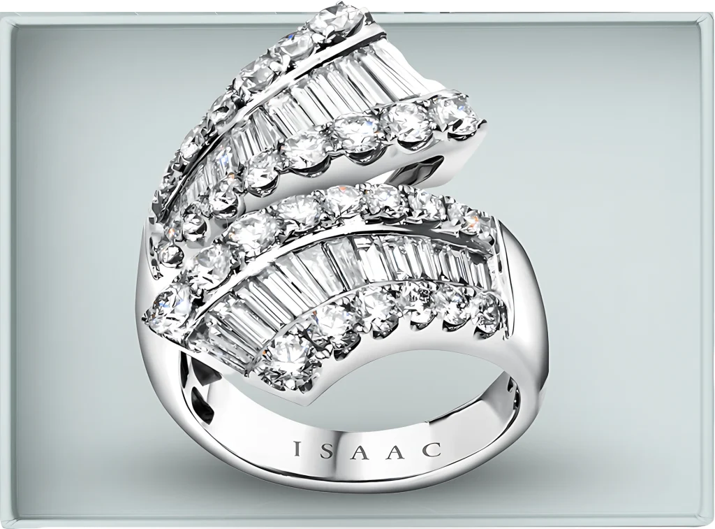 Crisscross ring of baguette and round brilliant diamonds