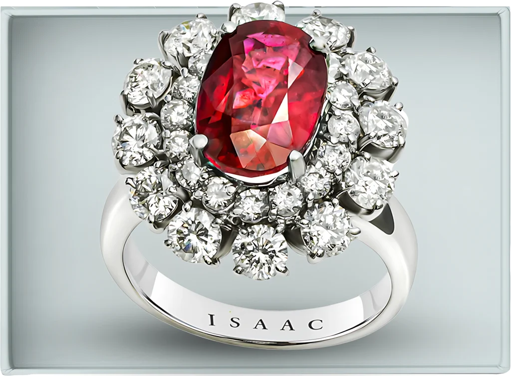 Oval ruby ring surrounded by round brilliant diamonds