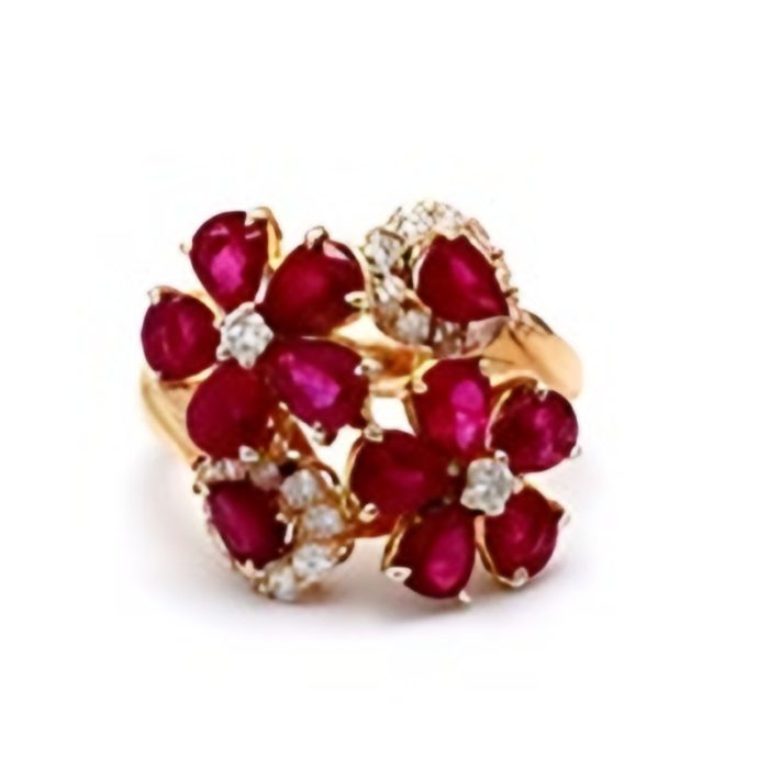 Rose gold 14k ruby and diamond flower design ring