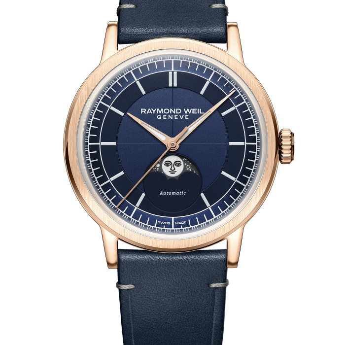 Raymond Weil Millesime Moon Phase 39mm Rose Gold PVD Midnight Blue Dial