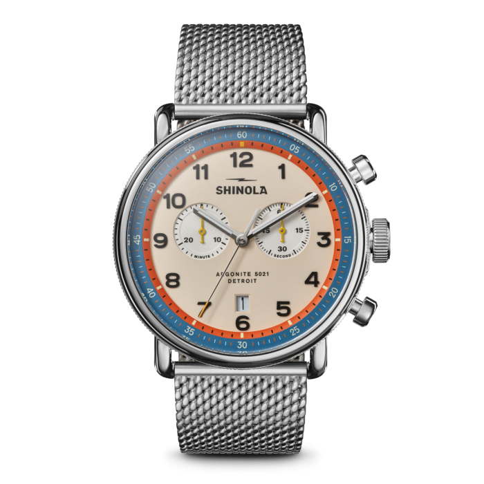 Shinola Canfield C56 Chronograph 43mm Cream Dial Mesh Bracelet
