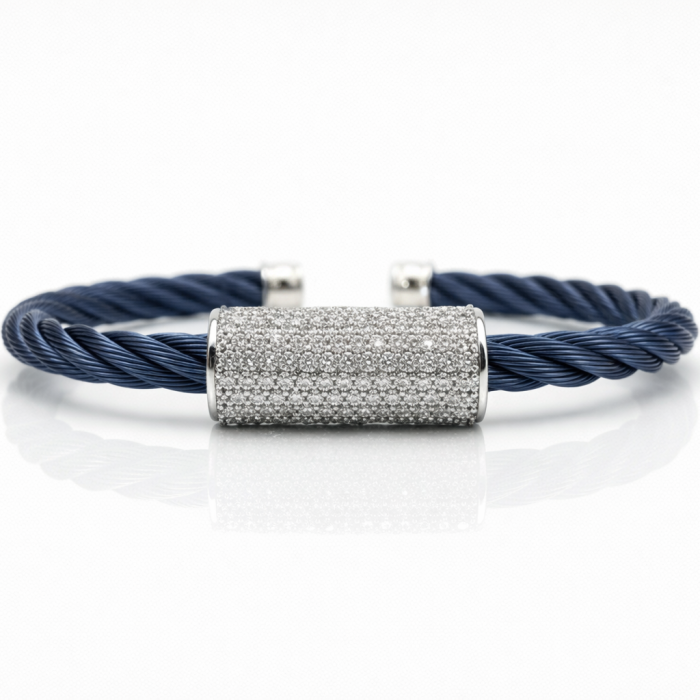 ALOR 14k White Gold and Blueberry Stainless Steel Diamond Barrel Cuff