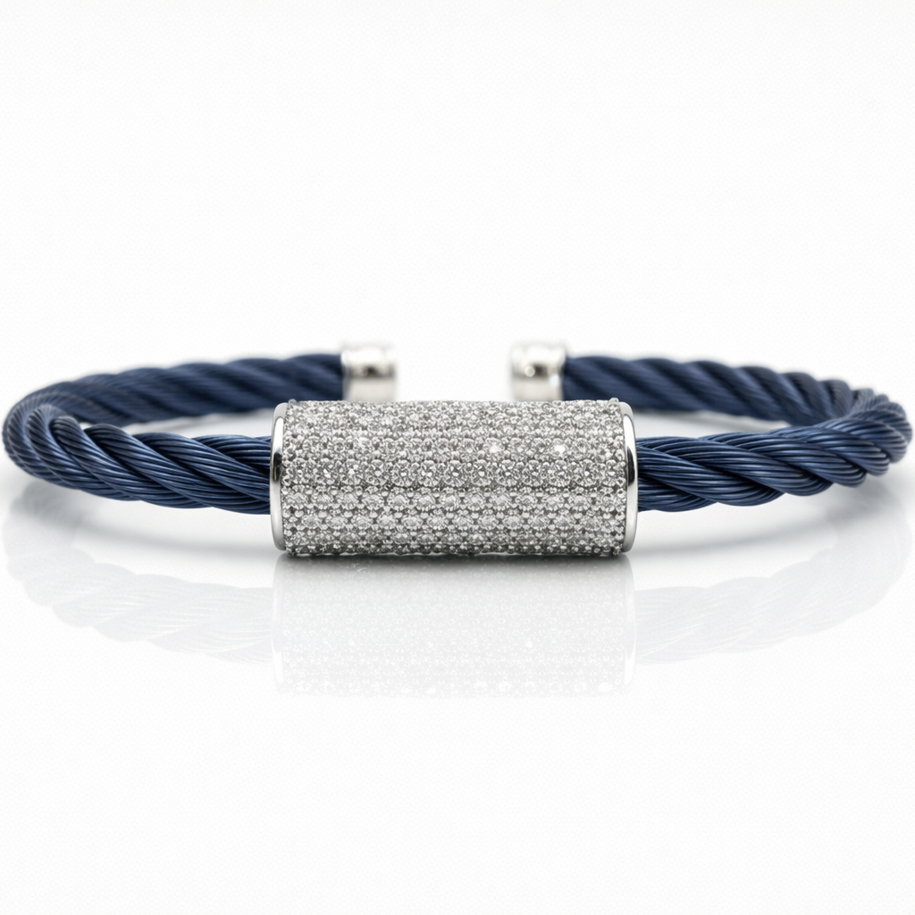 ALOR 14k White Gold and Blueberry Stainless Steel Diamond Barrel Cuff