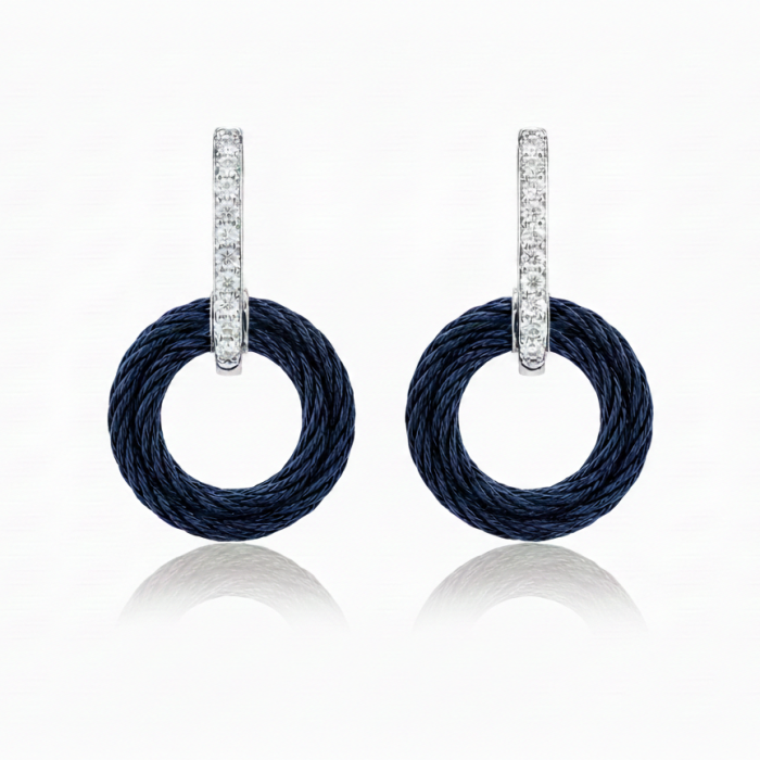 ALOR 14k White Gold and Navy Stainless Steel Earrings