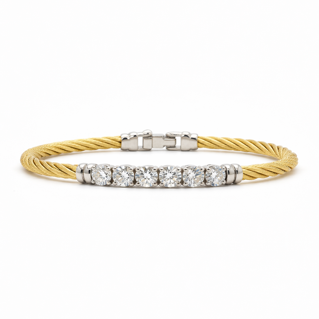 ALOR 14k White Gold and Yellow Stainless Steel Lab-Grown Diamond Bangle