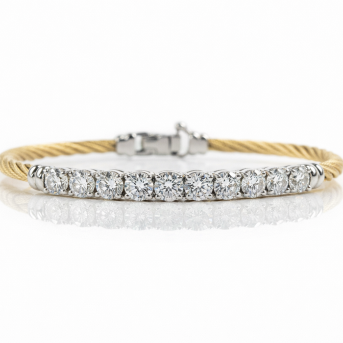 ALOR 14k White Gold and Yellow Stainless Steel Lab-Grown Diamond Bangle