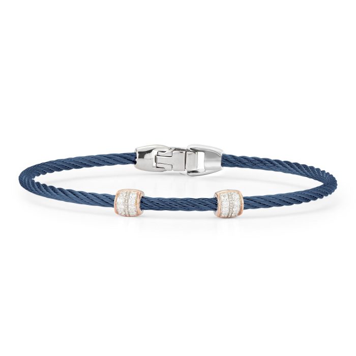 ALOR Double Barrel Stackable Stainless Steel and 18k Rose Gold Diamond Bracelet