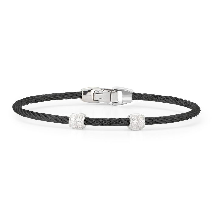 ALOR Double Barrel Stackable Stainless Steel and 18k White Gold Diamond Bracelet