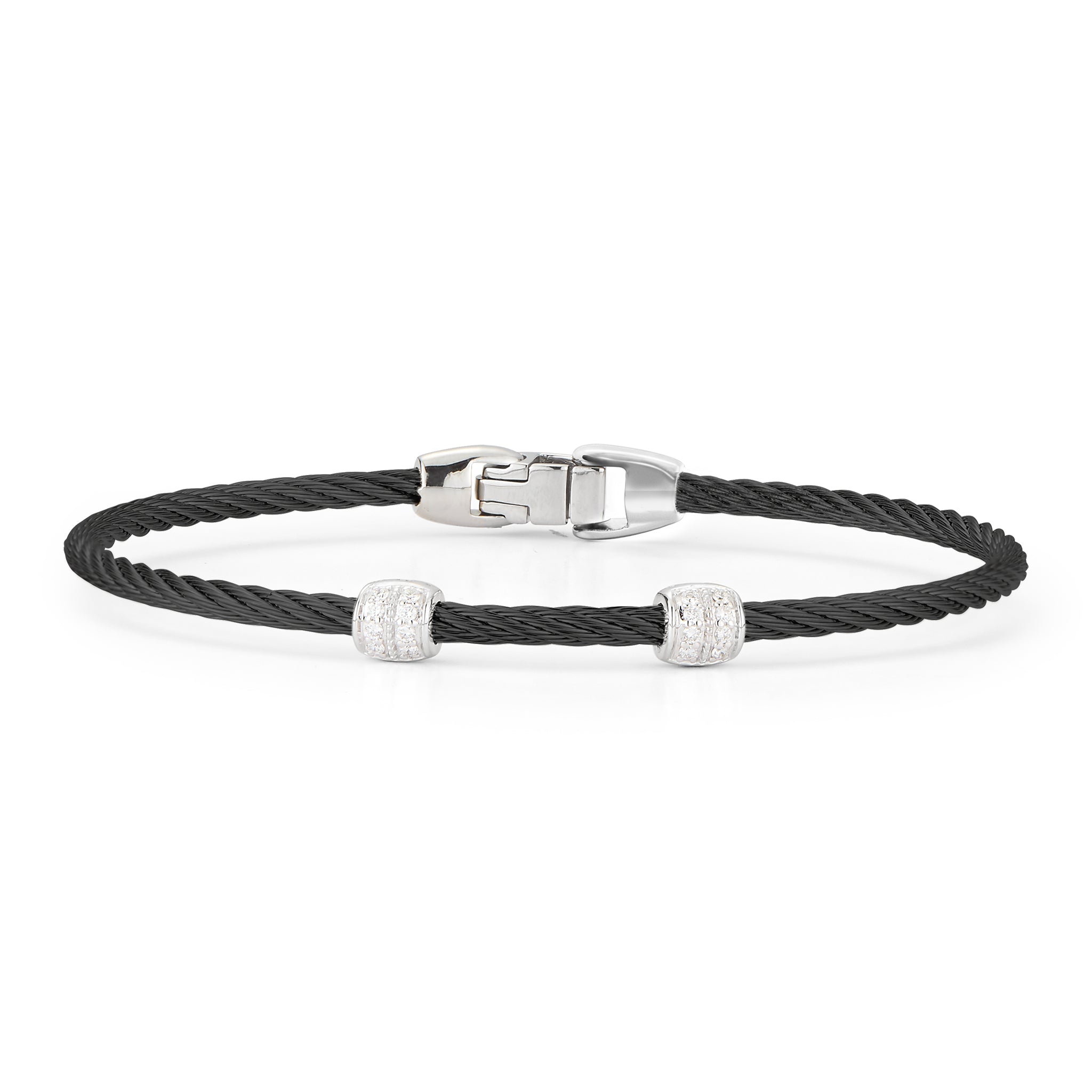 ALOR Double Barrel Stackable Stainless Steel and 18k White Gold Diamond Bracelet