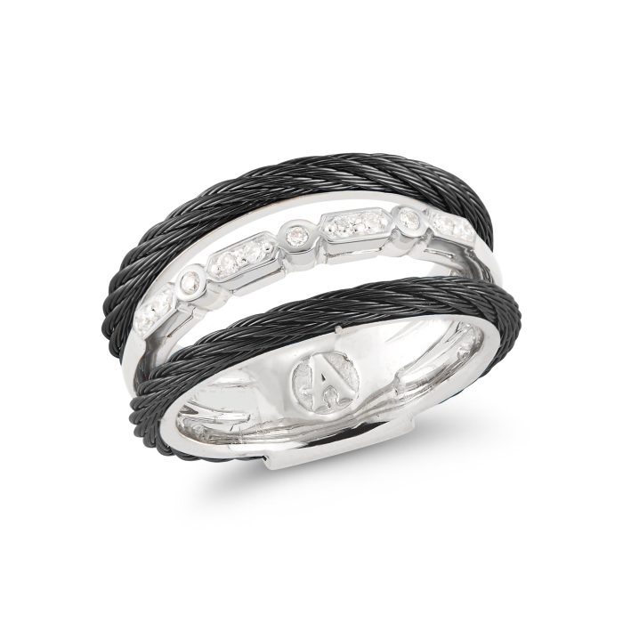 ALOR Layered Black Stainless Steel and 18k Gold Diamond Cable Ring
