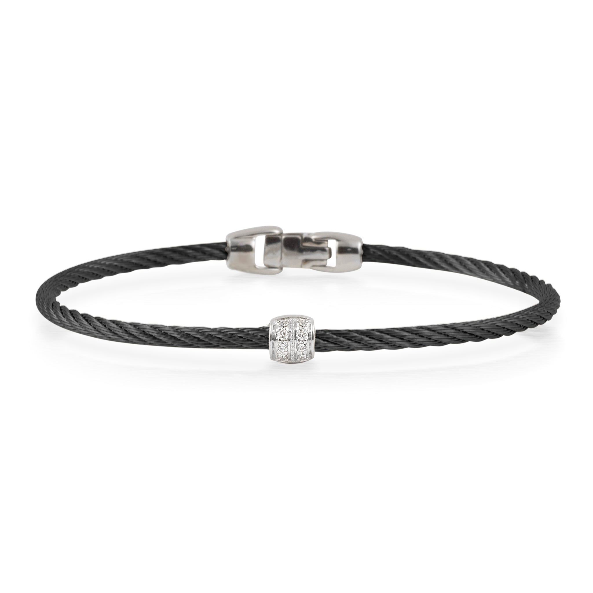 ALOR Single Barrel Stackable Stainless Steel and 18k White Gold Diamond Bracelet