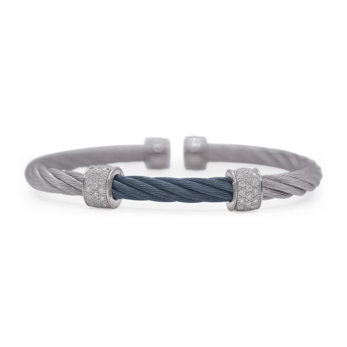 ALOR Stainless Steel and 18k White Gold Two-Barrel Station Cable Bangle